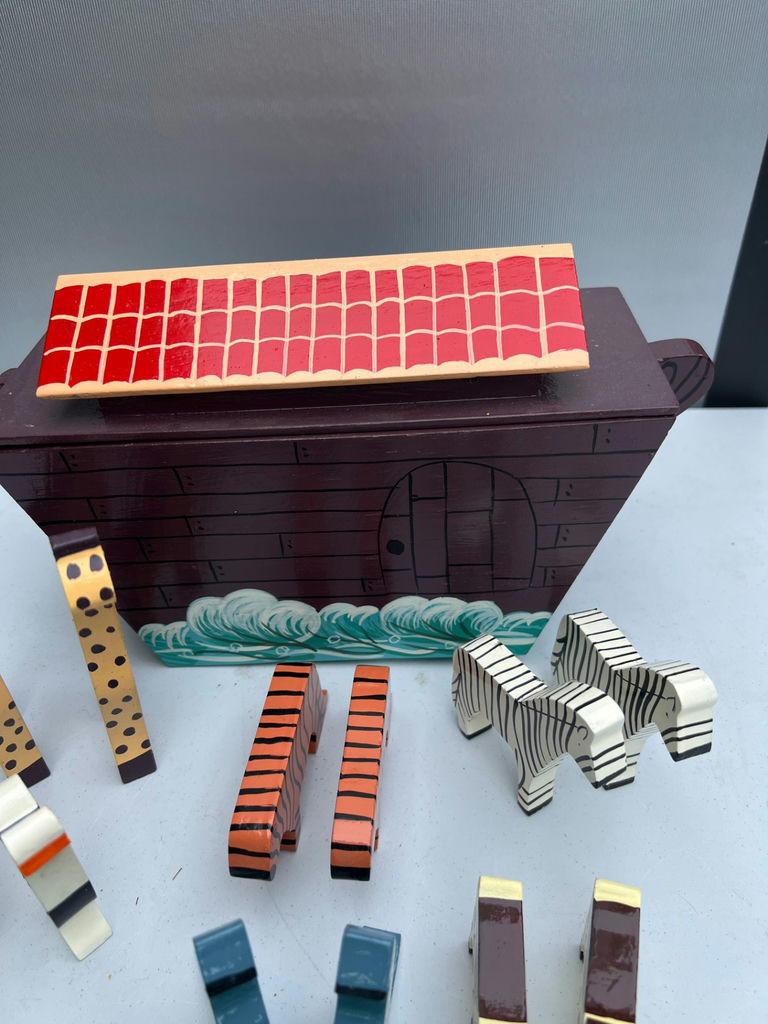Assorted Painted Wooden Noah's Ark and Animals with Chest - image 2 of 7
