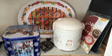 Rice Cooker, Barbecue Serving Tray, Decorative Tin, Cast Iron Trivet, and Cake Template - thumbnail 1 of 5