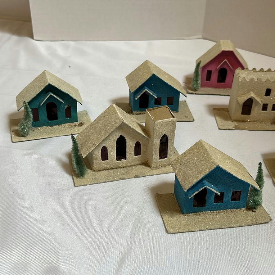 Vintage Miniature Cardboard Village Houses and Church Set - image 2 of 5