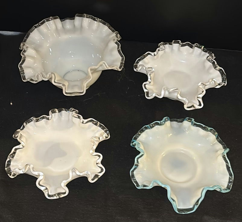 Fenton Style Milk Glass Ruffled Bowls, Vase, and Frosted Glass Bell Figurine - image 6 of 7
