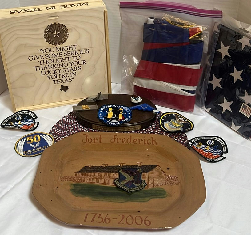 Military Memorabilia Collection with Flags, Patches, Wooden Plaque, and Decorative Plate - image 1 of 9