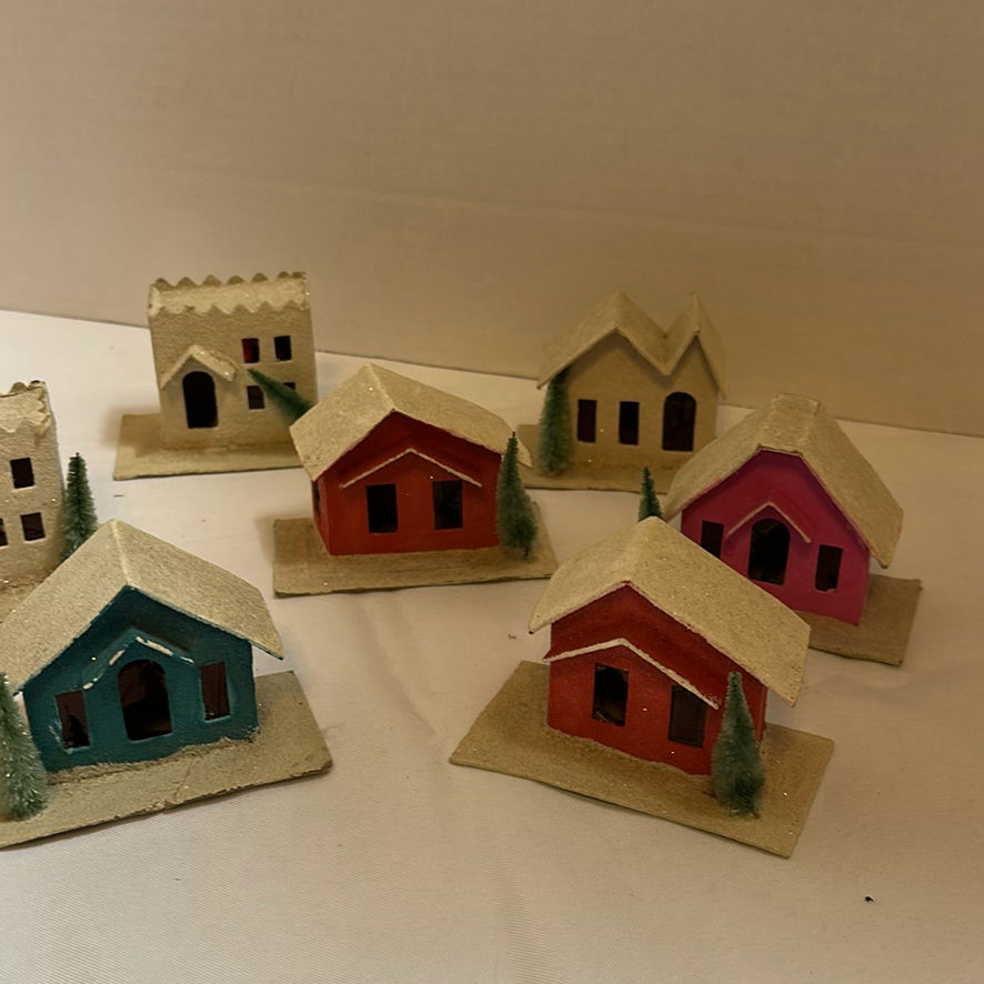 Vintage Miniature Cardboard Village Houses and Church Set - image 4 of 5