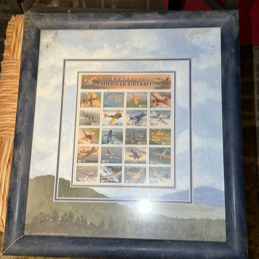 Decorative Clocks, Wooden Mallet, Framed Aircraft Stamp Art, and Train Stamp Sheet - image 5 of 7