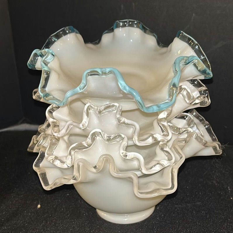 Fenton Style Milk Glass Ruffled Bowls, Vase, and Frosted Glass Bell Figurine - image 5 of 7