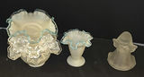 Fenton Style Milk Glass Ruffled Bowls, Vase, and Frosted Glass Bell Figurine - thumbnail 1 of 7