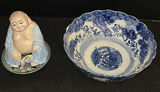 Blue and White Ceramic Bowl and Seated Figurine - thumbnail 1 of 6