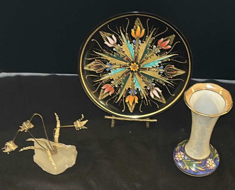 Decorative Floral Plate, Ceramic Vase, and Metal Flower Sculpture - image 1 of 7