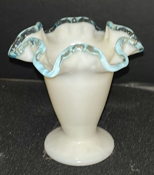 Fenton Style Milk Glass Ruffled Bowls, Vase, and Frosted Glass Bell Figurine - image 4 of 7