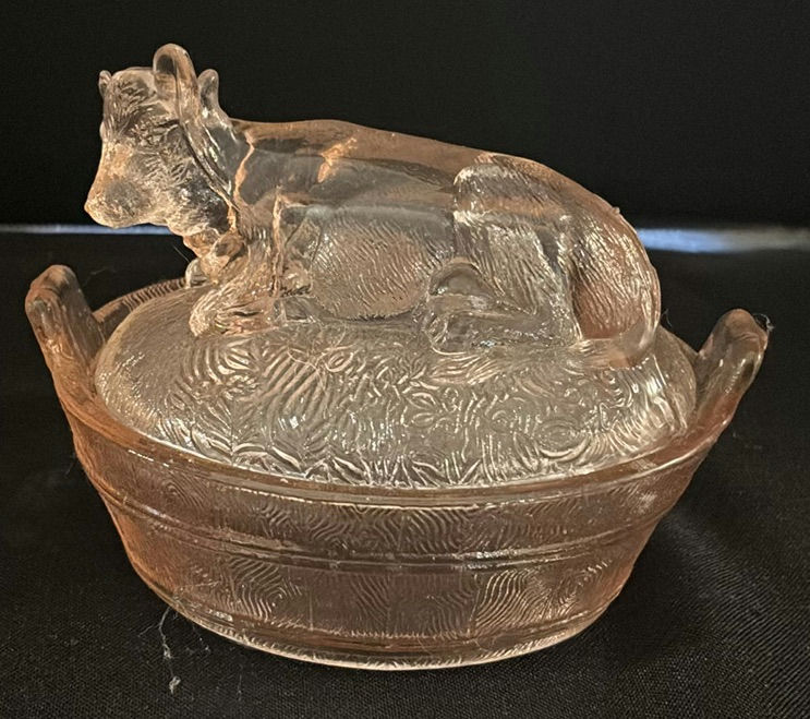 Two Pink Depression Glass Covered Dishes with Bird and Cow Lids - image 2 of 6