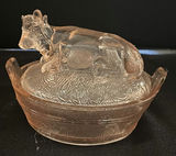 Two Pink Depression Glass Covered Dishes with Bird and Cow Lids - thumbnail 2 of 6