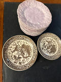 Brown transferware bowls and pink plates - thumbnail 1 of 2