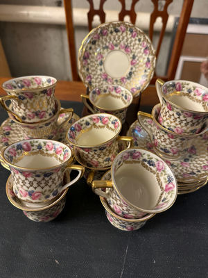 Bohemian porcelain teacups, saucers, and plate with floral and gold trim - Image 1 of 3