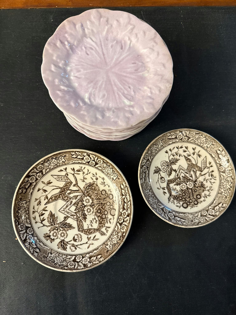 Brown transferware bowls and pink plates - image 2 of 2