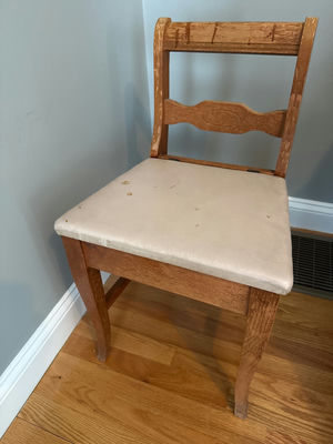 Distressed wooden chair with upholstered leather  seat - Image 1 of 3