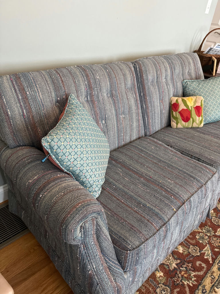 Blue striped sleep sofa with decorative throw pillows - image 2 of 2