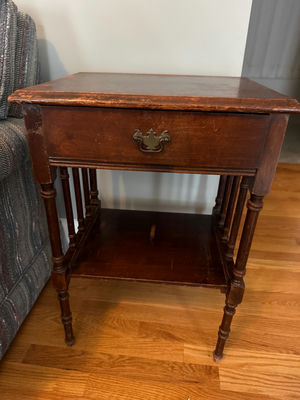 Vintage wooden end table with drawer and shelf - Image 1 of 2