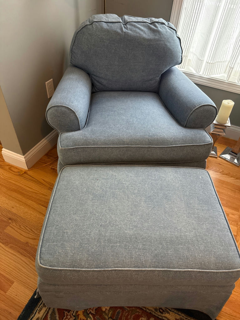 Blue upholstered armchair with matching ottoman - image 1 of 2