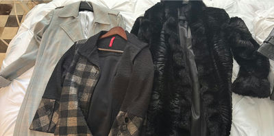 Coats and jackets (black faux fur coat, plaid wool coat, and light gray striped coat) - Image 1 of 6