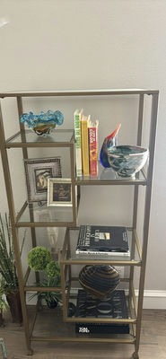 Glass and Metal Shelving Unit with Decorative Objects - Image 1 of 9