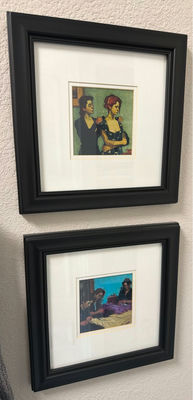 Two framed prints and a black & white striped woven hat. - Image 1 of 7