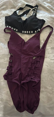 Under Armour Sports Bra, Purple One-Piece Swimsuit, and Canari Cycling Apparel - Image 1 of 6