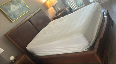 Wood Bed Frame/ Headboard and Footboard with Queen Mattress - Image 1 of 8