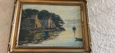 Framed Coastal Village Oil Painting - Image 1 of 3