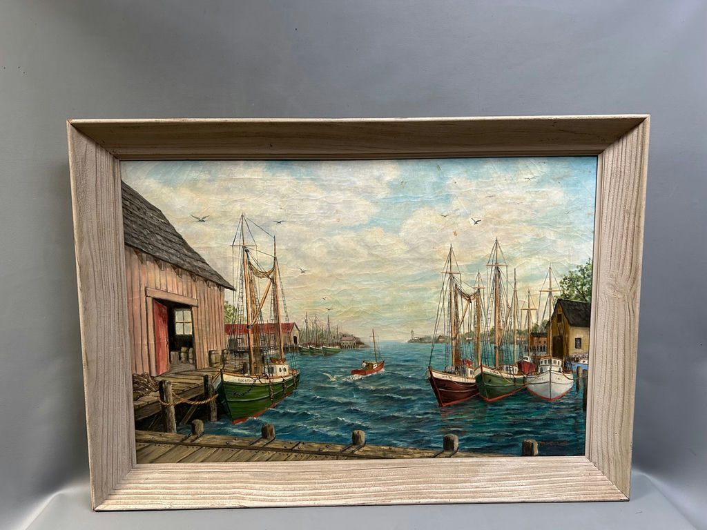 Signed Harborscape Oil Painting on Canvas - image 1 of 7