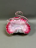 Vintage Art Glass Ruffled Silver Crest  Basket  - thumbnail 1 of 6
