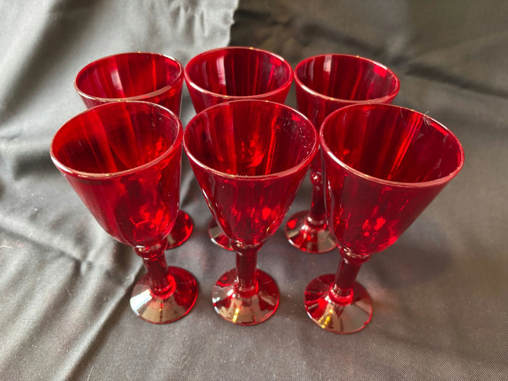 Vintage Red glass goblets, a wooden meat tenderizer, and 2 glass mason containers - image 1 of 10
