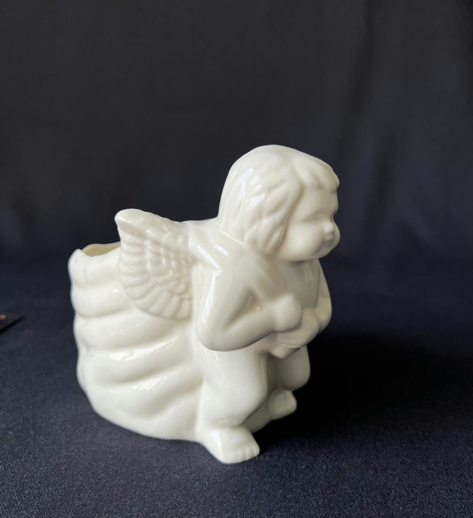 Terracotta baby with miniature tea set and white winged angel figurine - image 5 of 6