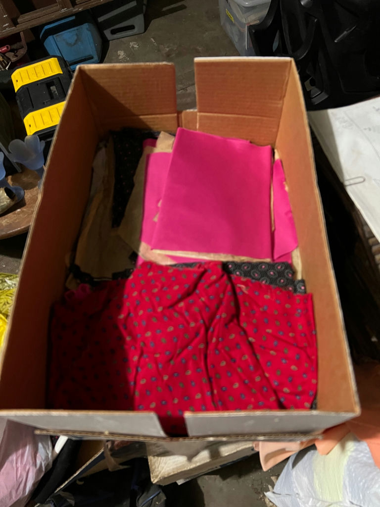 Assorted vintage fabrics and textiles: floral, plaid, satin, lycra, suede, lace - image 11 of 14