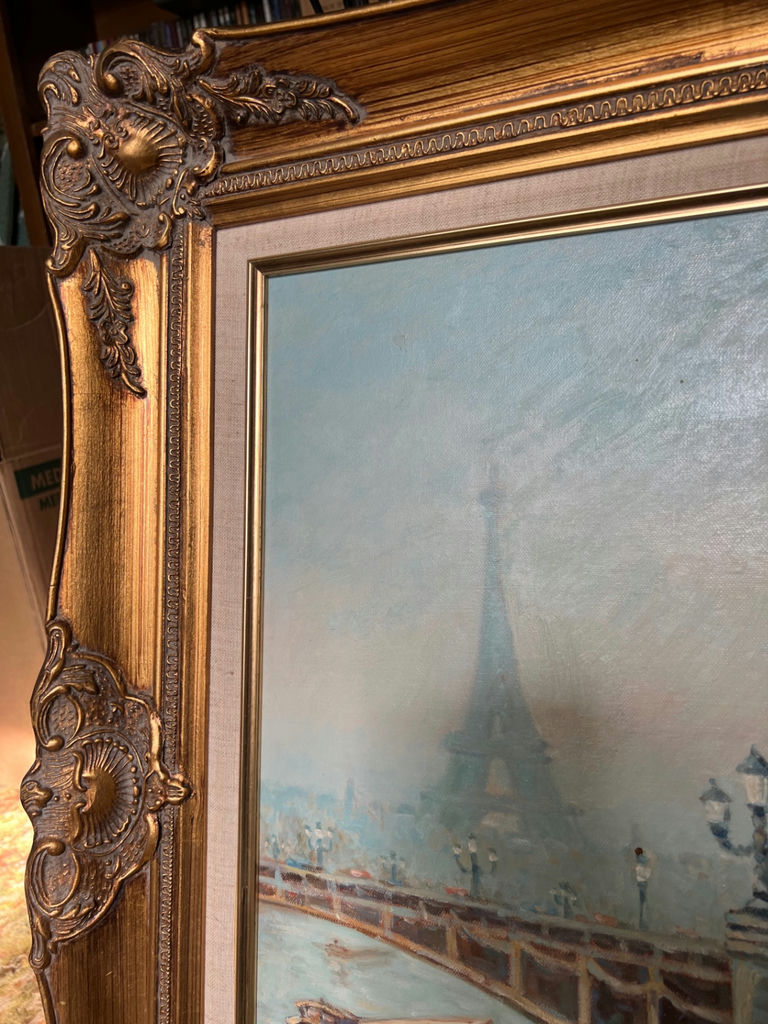 Vintage Parisian waterfront painting in ornate frame - image 5 of 10