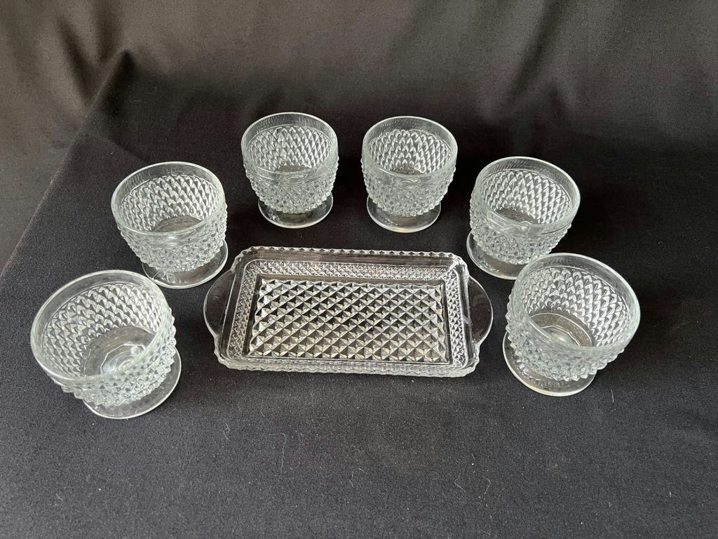 Vintage Diamond-pattern pressed glass cocktail set and glass butter dish - image 1 of 16