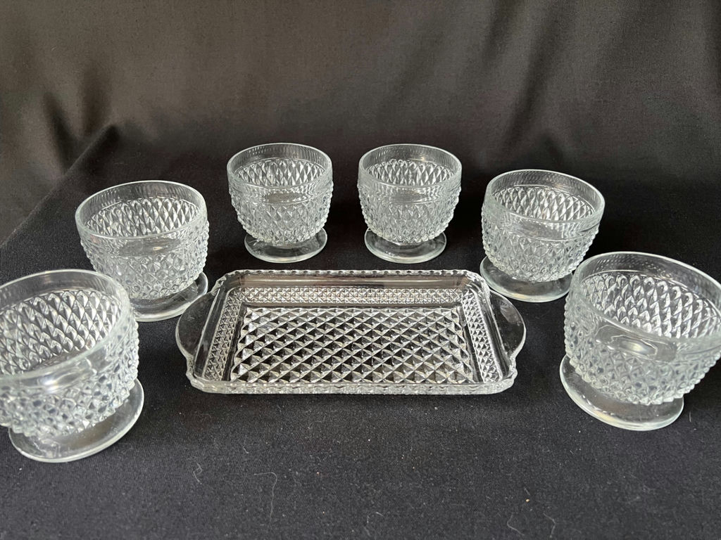 Vintage Diamond-pattern pressed glass cocktail set and glass butter dish - image 2 of 16