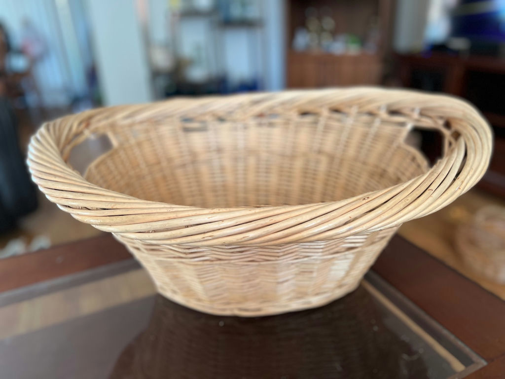 Vintage wicker basket with handle, vintage wicker laundry basket and painted farm tote - image 3 of 23