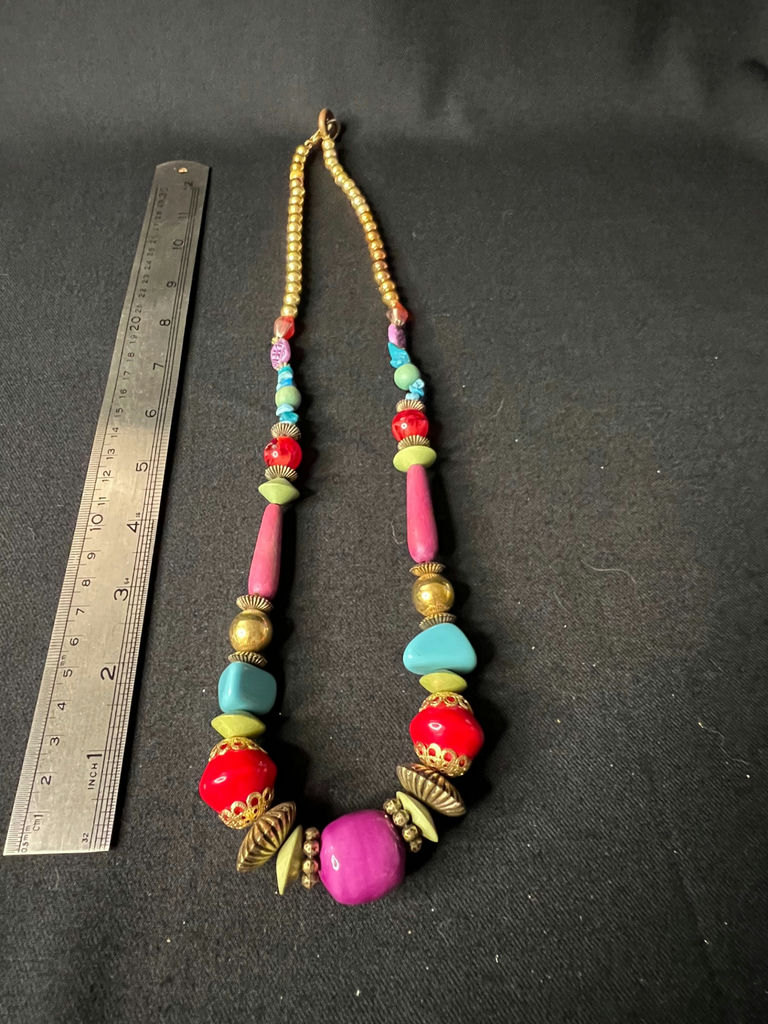 Gold-tone floral pendant necklace, two multicolor beaded necklaces, and matching bead earrings - image 6 of 13