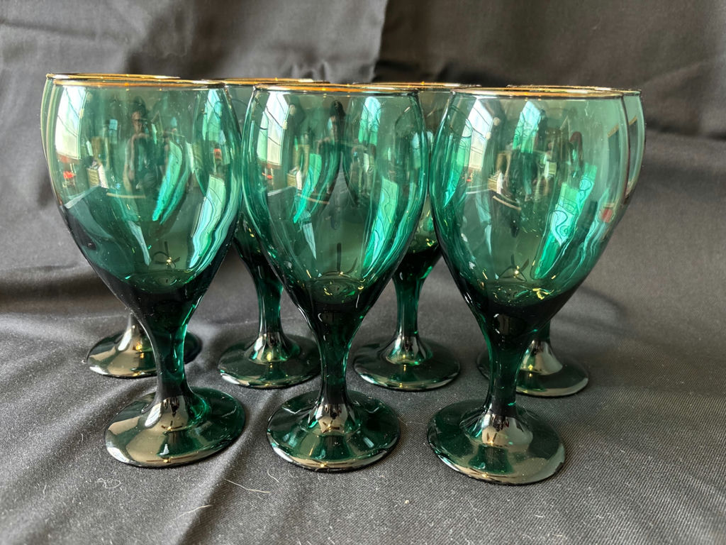 Vintage Green goblets with gold rims and clear champagne flutes - image 2 of 6