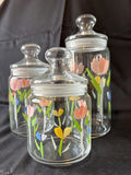 Vintage carafe, hand-painted glass storage jars, and ceramic condiment jars with floral and fruit designs - thumbnail 3 of 7