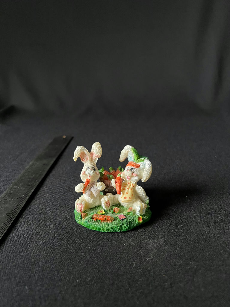 Two white bunny figurines with carrot basket - image 1 of 9