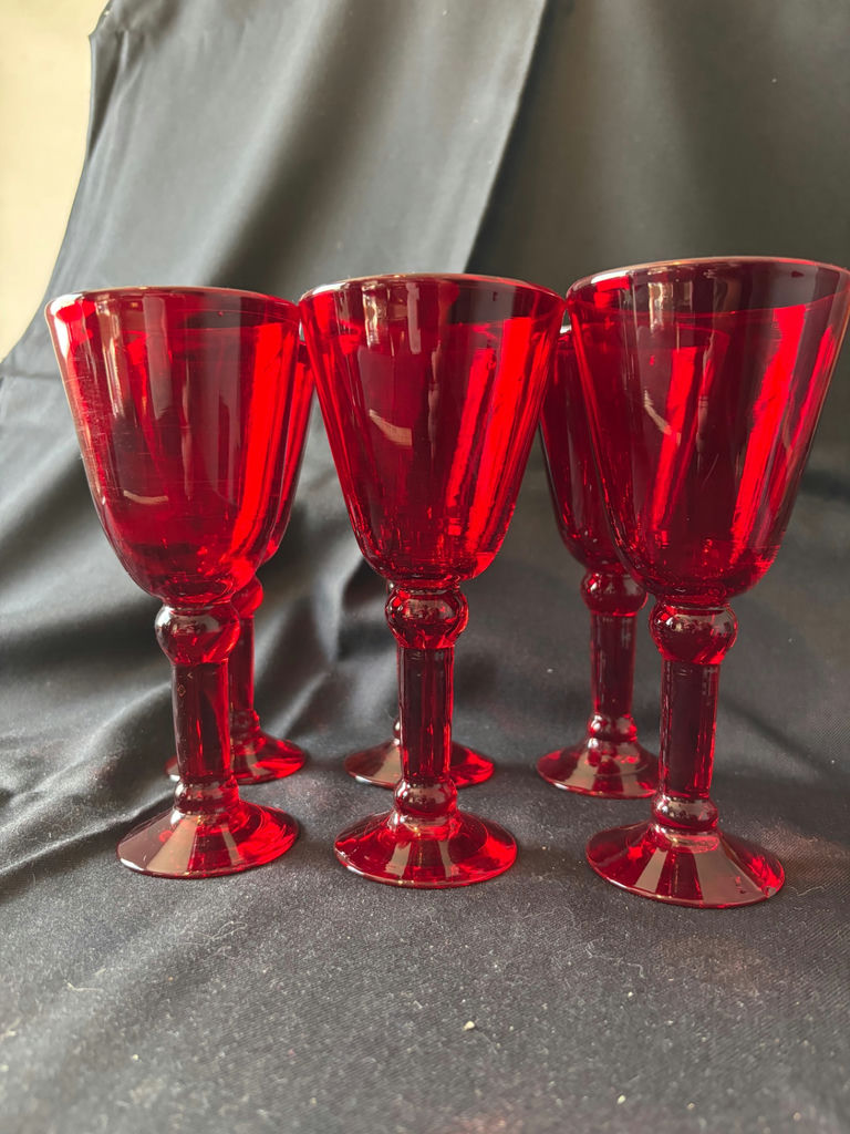 Vintage Red glass goblets, a wooden meat tenderizer, and 2 glass mason containers - image 3 of 10
