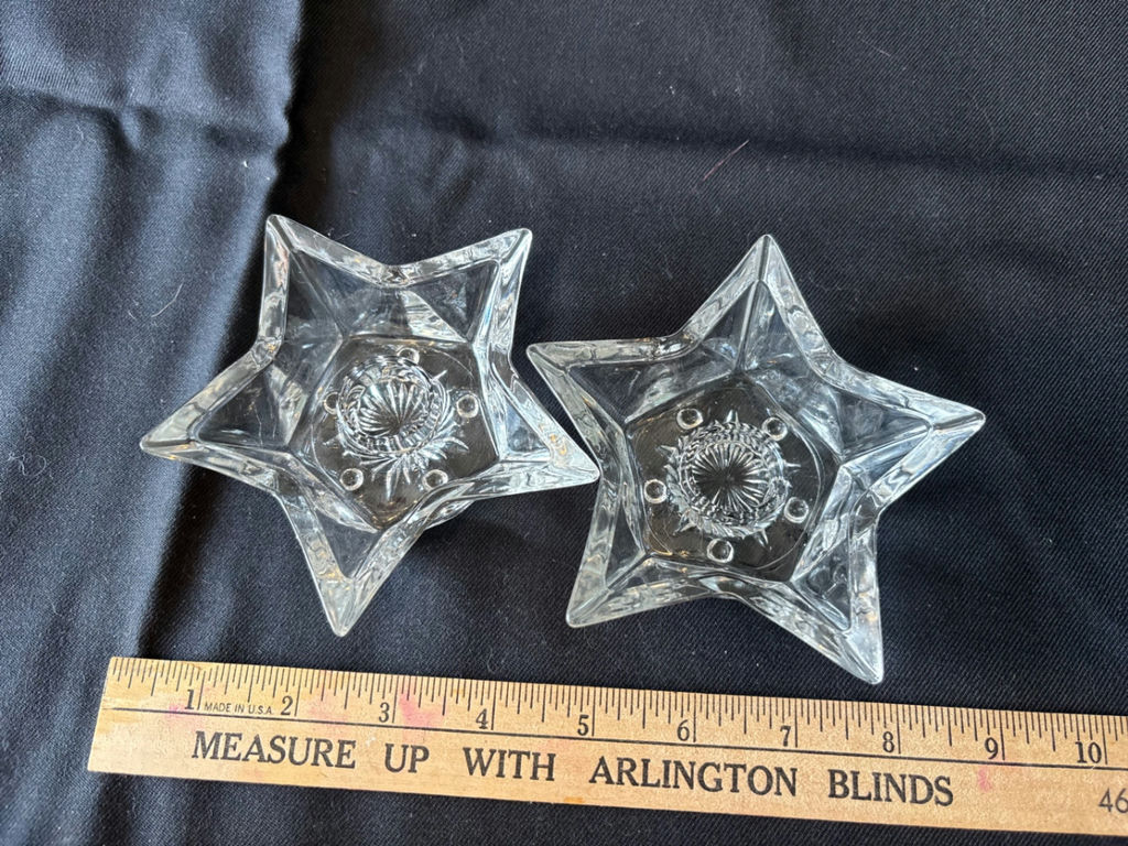 Three tall ribbed glass tiki glasses, round candle holder, and two star-shaped glass candle holders - image 8 of 10
