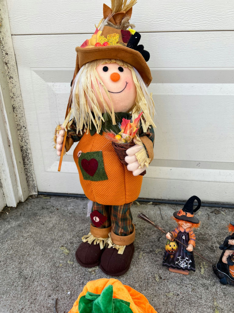 Halloween decorations: scarecrow figure with pumpkins, witches, ghosts, and placemats - image 2 of 6