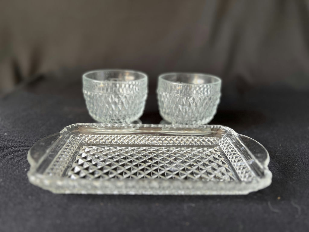 Vintage Diamond-pattern pressed glass cocktail set and glass butter dish - image 8 of 16