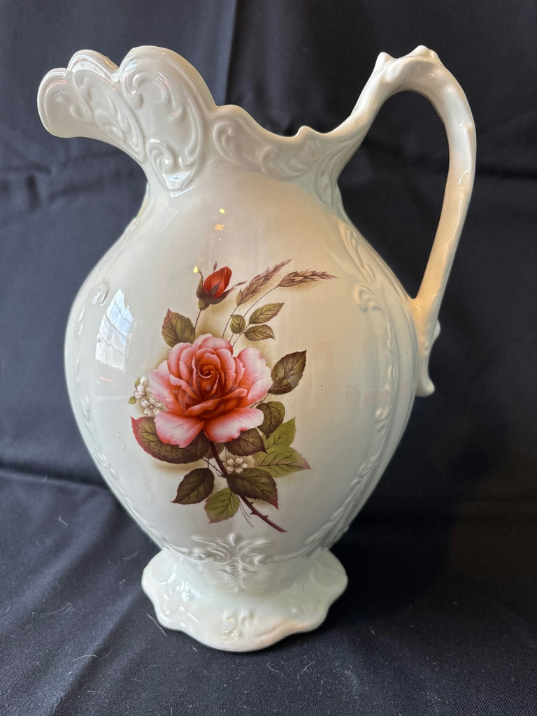 Decorative frosted glass angel dish, Antique rose-pattern ceramic pitcher, and Kitchen Prayer heart plate - image 1 of 10