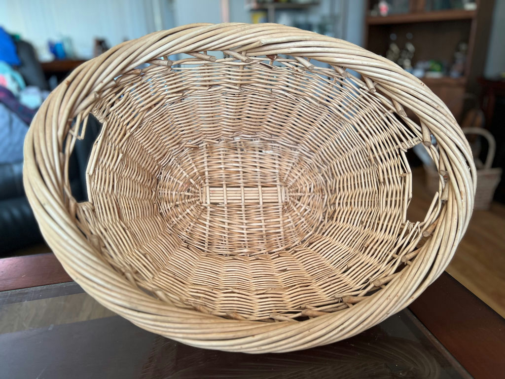 Vintage wicker basket with handle, vintage wicker laundry basket and painted farm tote - image 7 of 23