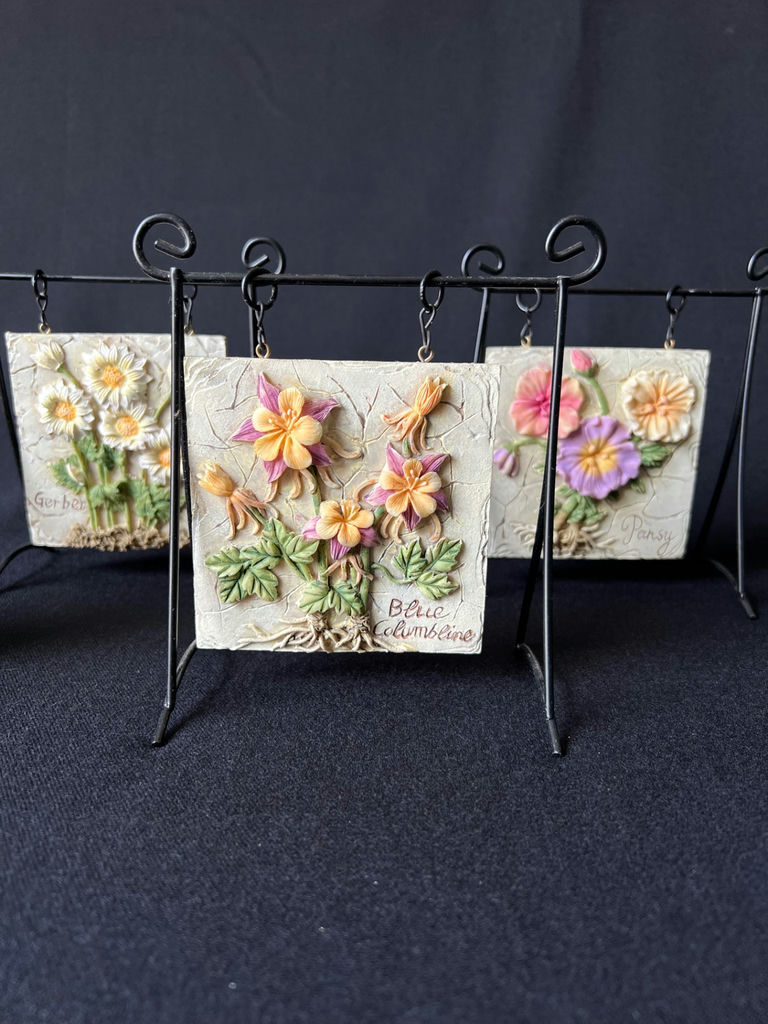 Floral embossed ceramic tiles on metal display stands, sculpted ceramic yellow rose - image 3 of 13