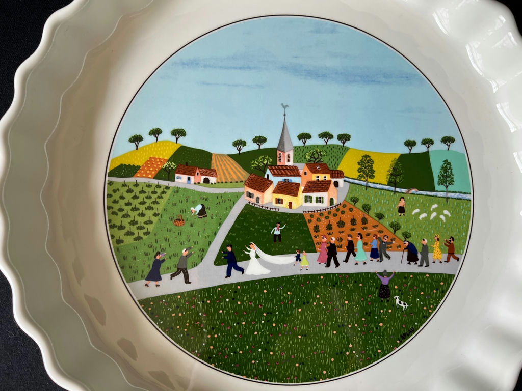 Decorative ceramic pie plate with pastoral scene and round silver-plated tray - image 3 of 6
