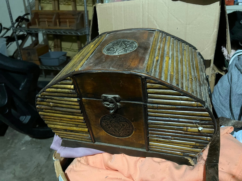 Vintage bamboo-slatted cabinet and antique leather trunk with craft supplies - image 1 of 7
