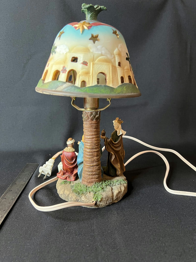 Decorative palm-tree lamp with nativity scene shade and Lenox dolphin figurine - image 2 of 11